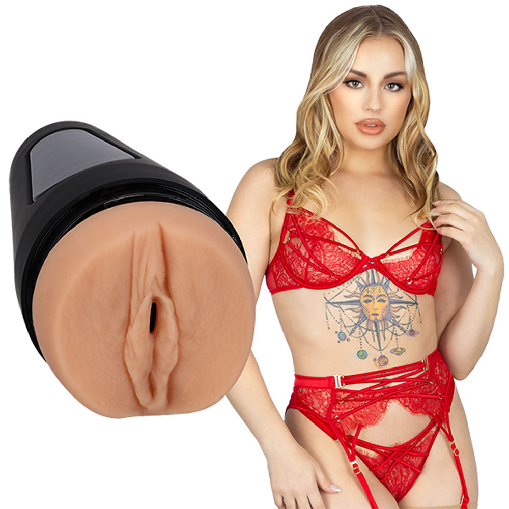 Woman in red lingerie with a close-up of a pocket pussy on a white background | Flirty Bay, male masturbator adult store Australia